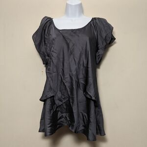 Violet & Claire Silky Dark Gray Ruffle Flutter Short Sleeve Blouse Top L
